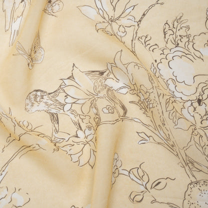 Silk Voile Print - Yellow-Beige, White and Charcoal Illustrated Flowers and Animals - Deadstock
