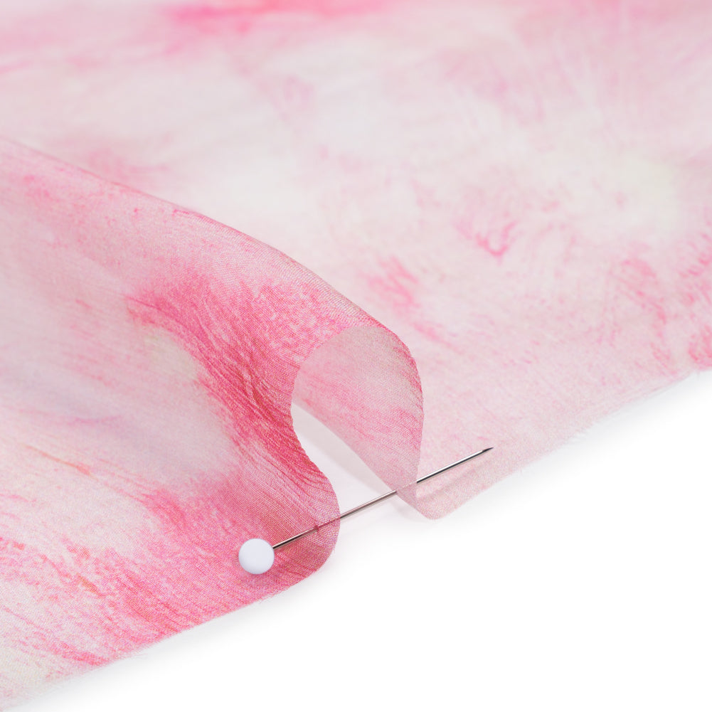 Crinkled Silk Chiffon Print - Pale Pink and Magenta Abstract Brush Strokes - Deadstock Detail