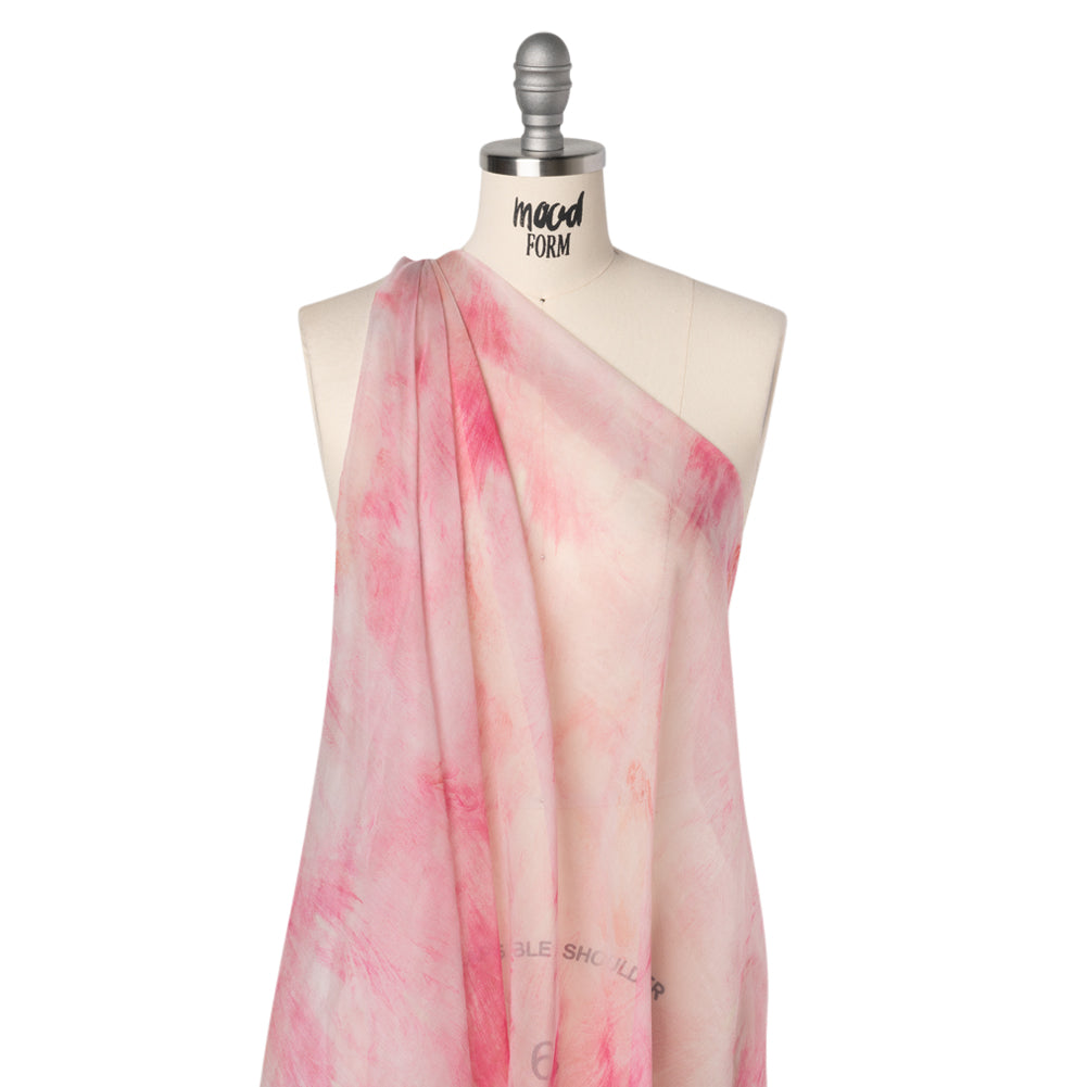 Crinkled Silk Chiffon Print - Pale Pink and Magenta Abstract Brush Strokes - Deadstock Drape