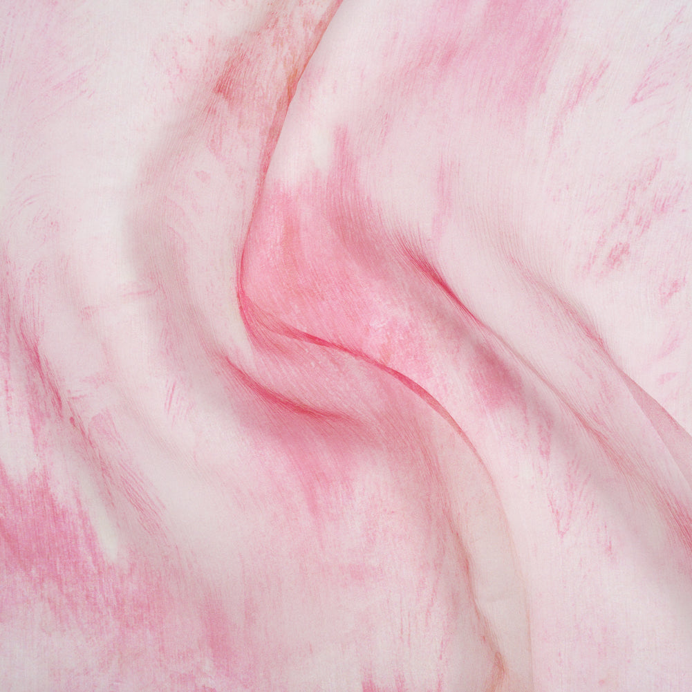Crinkled Silk Chiffon Print - Pale Pink and Magenta Abstract Brush Strokes - Deadstock