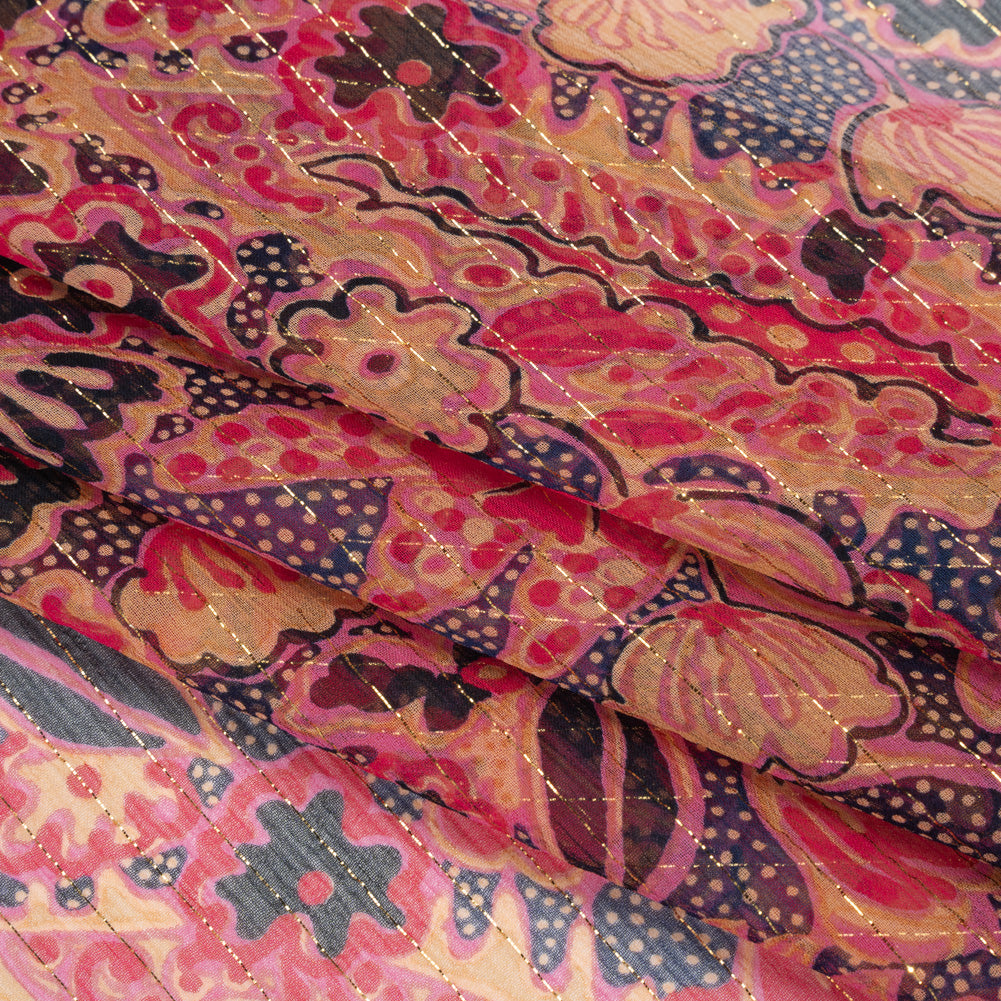 Crinkled Silk Chiffon Print with Metallic Gold Pinstripes - Pink, Navy, and Yellow-Beige Floral - Deadstock Folded