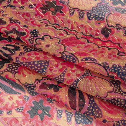 Crinkled Silk Chiffon Print with Metallic Gold Pinstripes - Pink, Navy, and Yellow-Beige Floral - Deadstock Folded