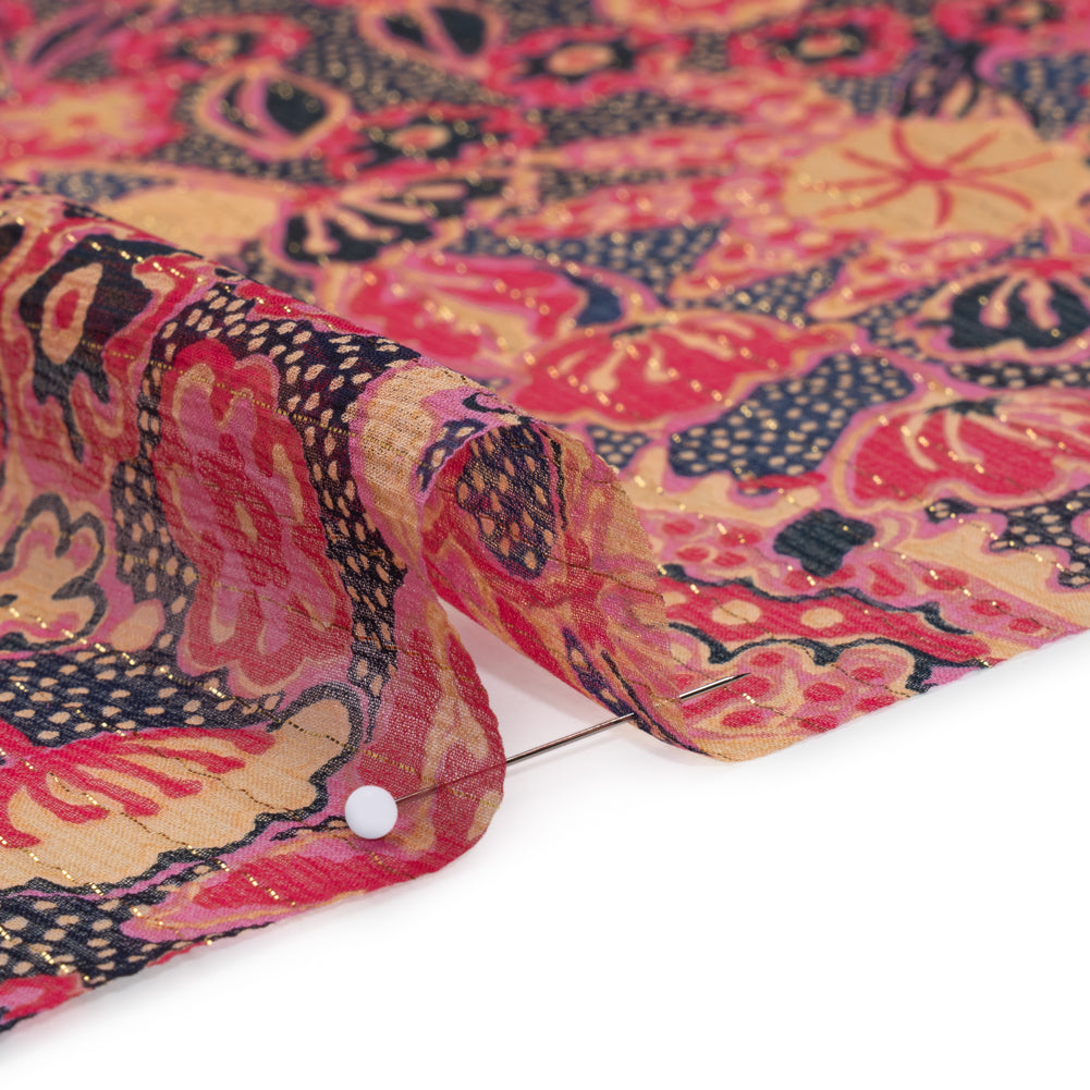 Crinkled Silk Chiffon Print with Metallic Gold Pinstripes - Pink, Navy, and Yellow-Beige Floral - Deadstock Detail