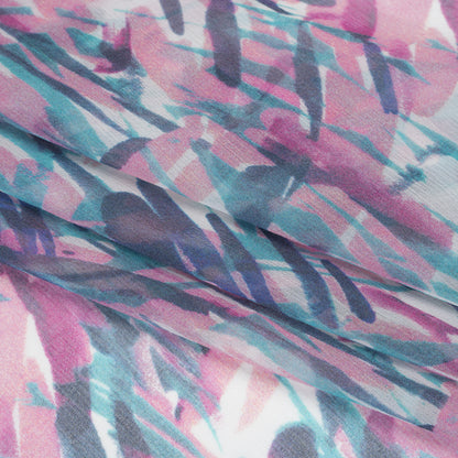 Crinkled Silk Chiffon Print - Pink, Navy, and Teal Abstract - Deadstock Folded