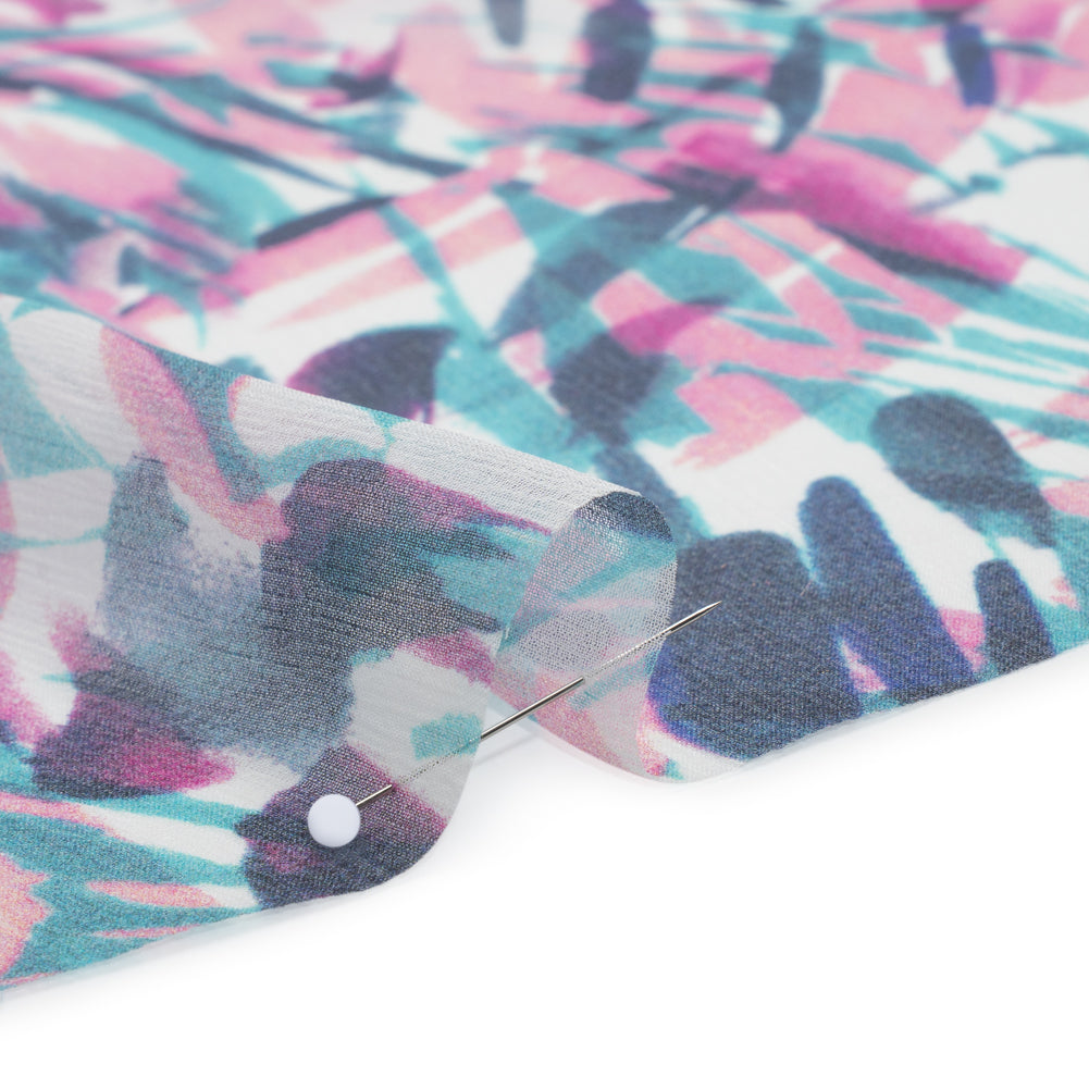 Crinkled Silk Chiffon Print - Pink, Navy, and Teal Abstract - Deadstock Detail
