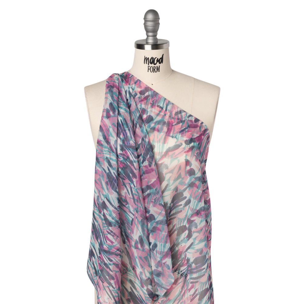 Crinkled Silk Chiffon Print - Pink, Navy, and Teal Abstract - Deadstock Drape