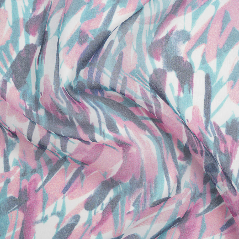 Crinkled Silk Chiffon Print - Pink, Navy, and Teal Abstract - Deadstock