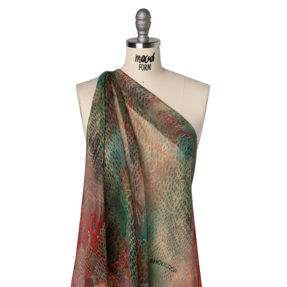Crinkled Silk Chiffon Print - Red and Green Snakeskin - Deadstock Drape