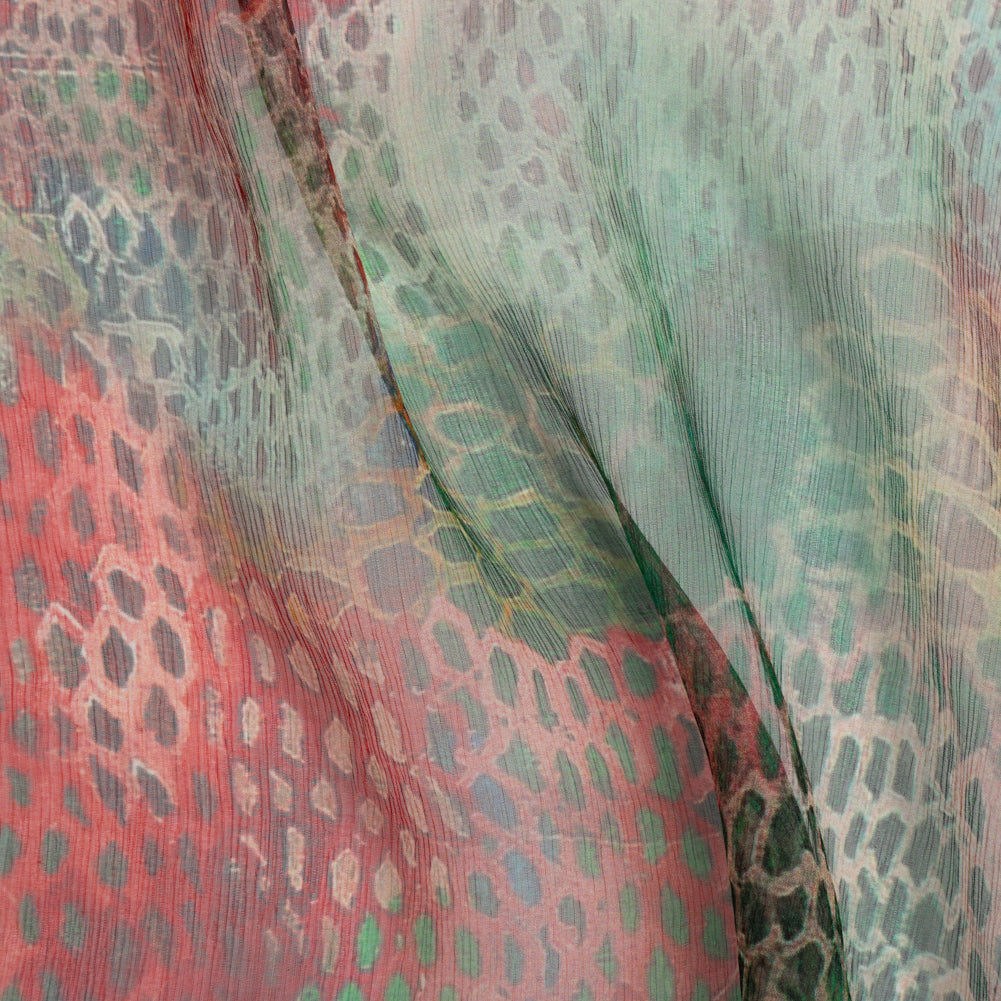 Crinkled Silk Chiffon Print - Red and Green Snakeskin - Deadstock