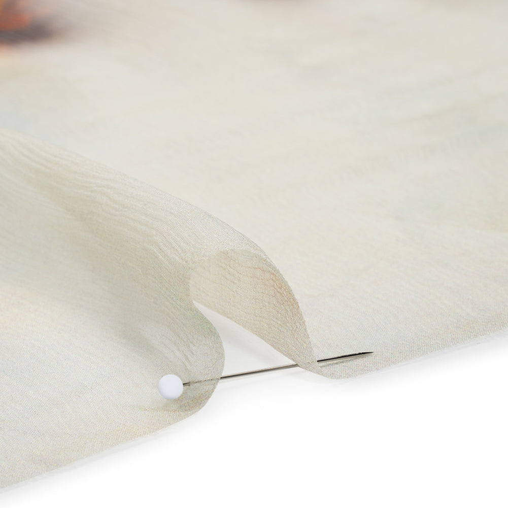 Crinkled Silk Chiffon Panel - Green, Pale Yellow and Gray Big Green Peacocks - Deadstock Detail