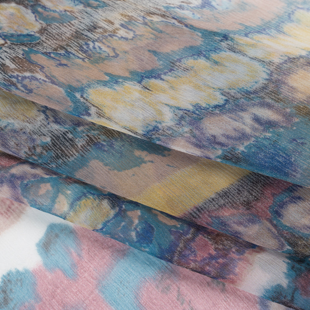 Crinkled Silk Chiffon Print - Dark Rose, Teal and Yellow Inkblot Abstract Stripes - Deadstock - Folded
