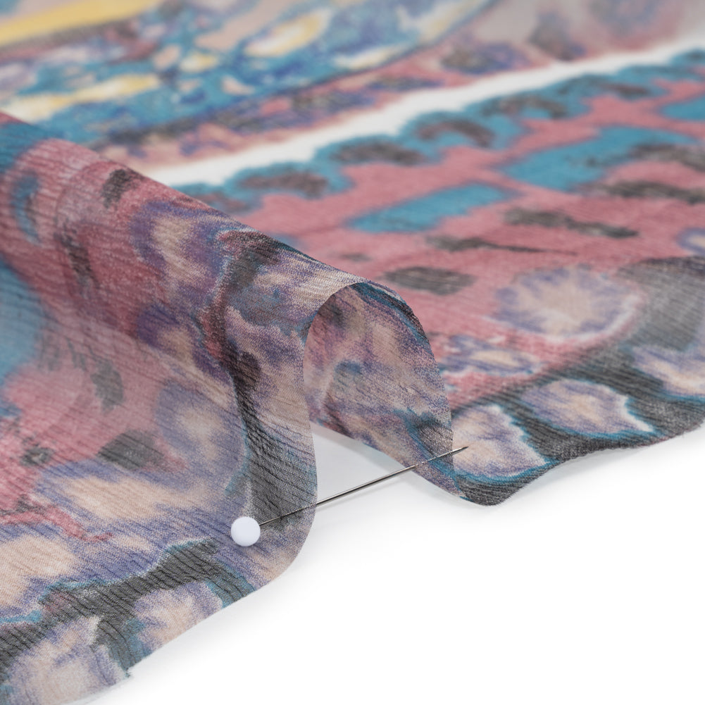 Crinkled Silk Chiffon Print - Dark Rose, Teal and Yellow Inkblot Abstract Stripes - Deadstock - Detail