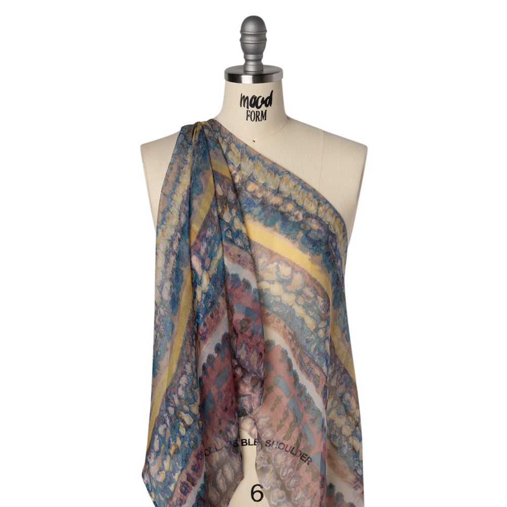 Crinkled Silk Chiffon Print - Dark Rose, Teal and Yellow Inkblot Abstract Stripes - Deadstock - Drape