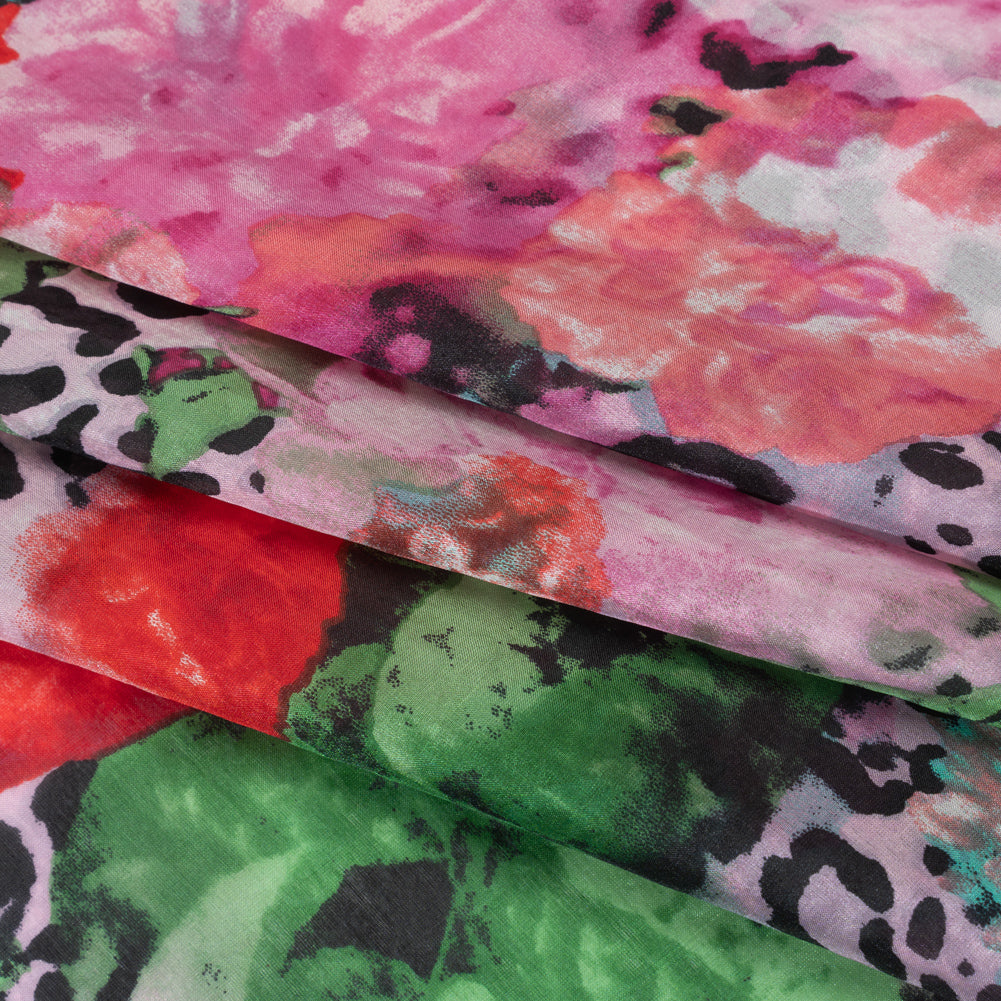 China Silk/Habotai Print - Pink, Green and Black Flowers and Leopard Spots - Deadstock - Folded