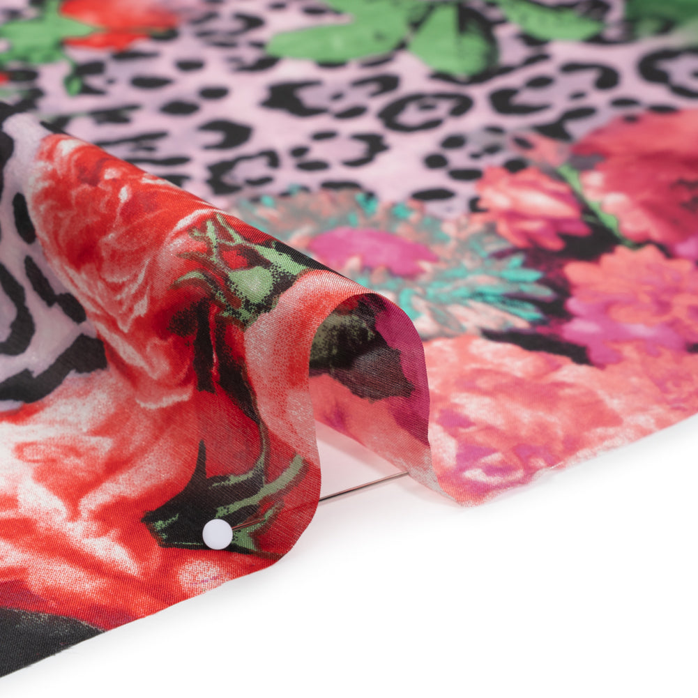 China Silk/Habotai Print - Pink, Green and Black Flowers and Leopard Spots - Deadstock - Detail