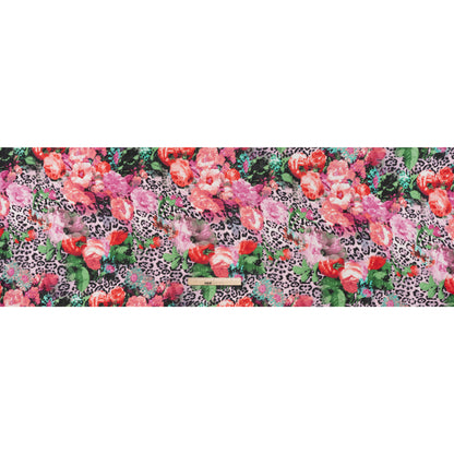 China Silk/Habotai Print - Pink, Green and Black Flowers and Leopard Spots - Deadstock