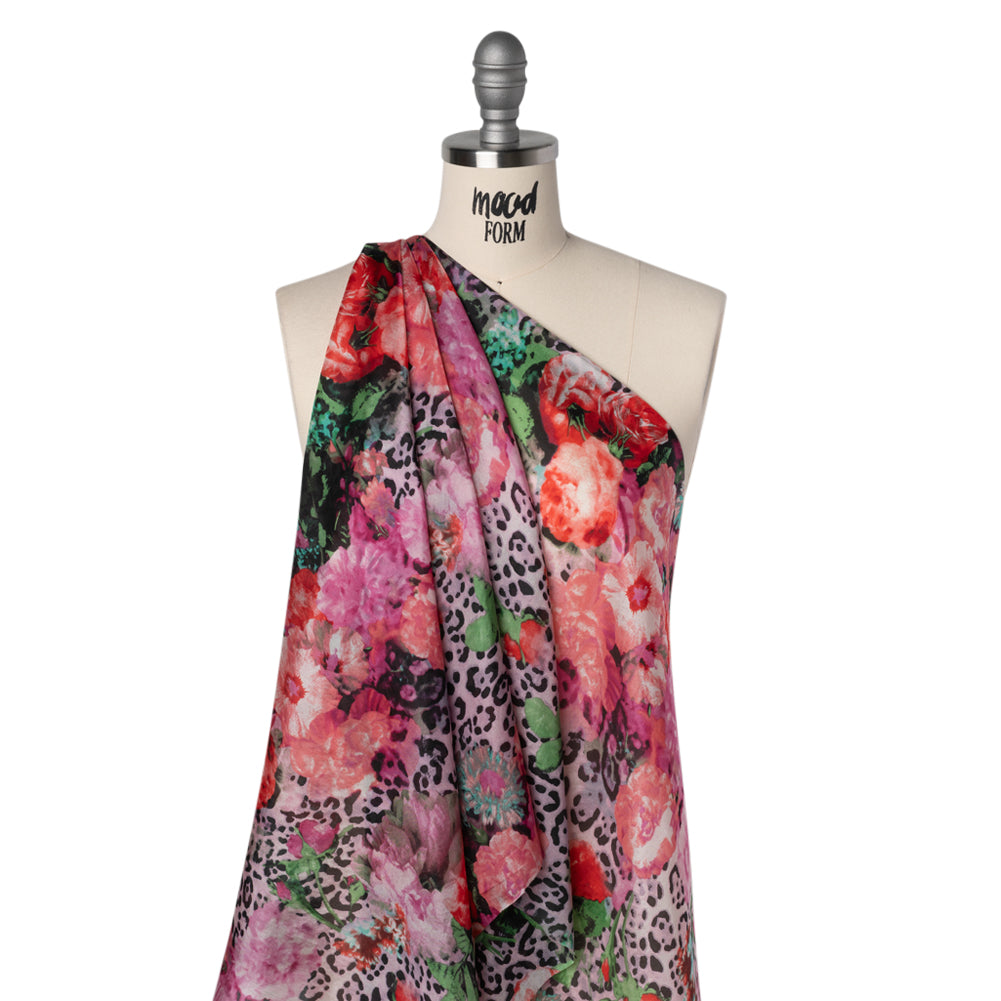 China Silk/Habotai Print - Pink, Green and Black Flowers and Leopard Spots - Deadstock - Drape