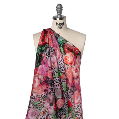 China Silk/Habotai Print - Pink, Green and Black Flowers and Leopard Spots - Deadstock
