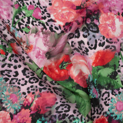 China Silk/Habotai Print - Pink, Green and Black Flowers and Leopard Spots - Deadstock