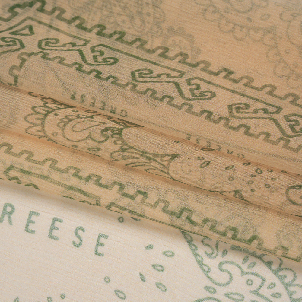 Crinkled Silk Chiffon Panel - Peach and Green Paisley and Geometric Handkerchiefs - Deadstock - Folded
