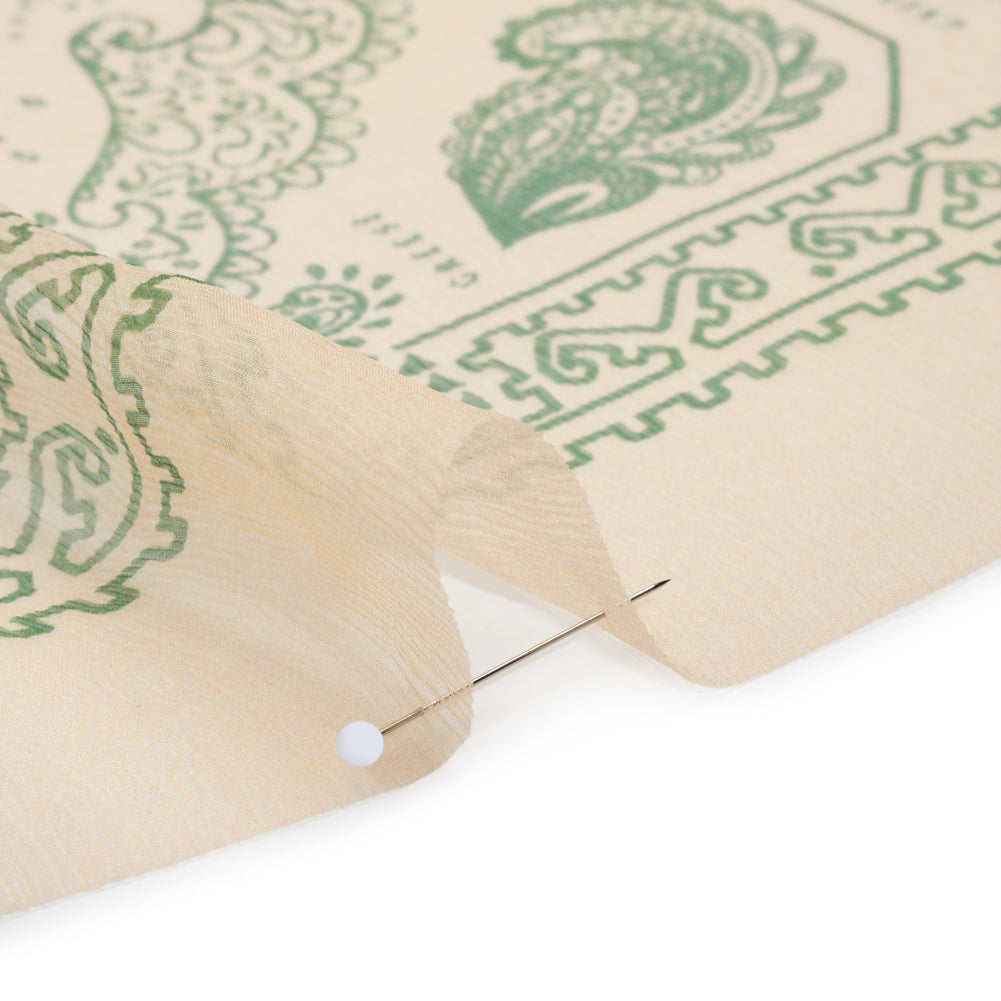 Crinkled Silk Chiffon Panel - Peach and Green Paisley and Geometric Handkerchiefs - Deadstock - Detail