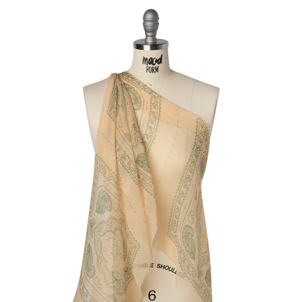 Crinkled Silk Chiffon Panel - Peach and Green Paisley and Geometric Handkerchiefs - Deadstock - Drape