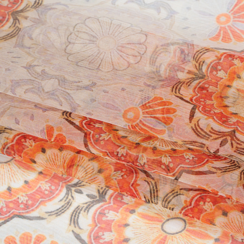 Crinkled Silk Chiffon Print - Orange, Red and Pale Lilac Floral Stripes - Deadstock - Folded