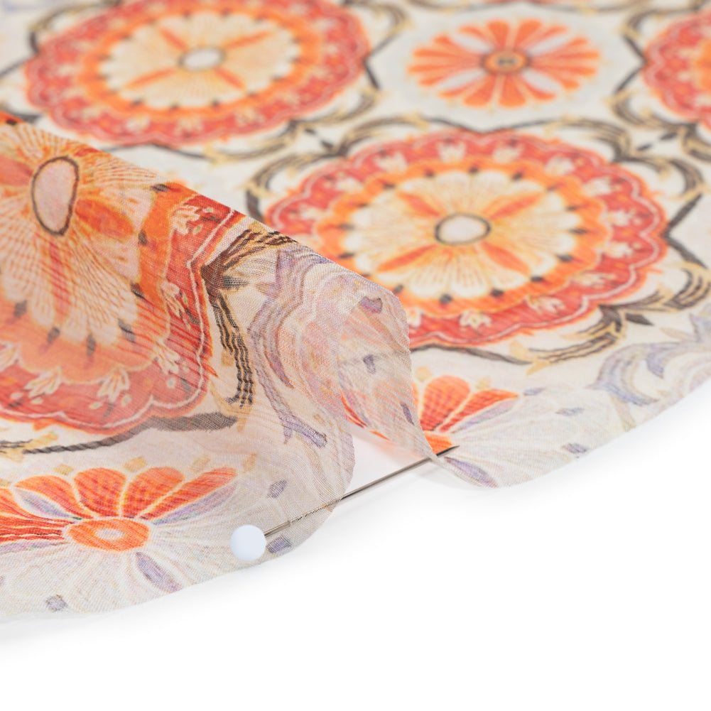 Crinkled Silk Chiffon Print - Orange, Red and Pale Lilac Floral Stripes - Deadstock - Detail