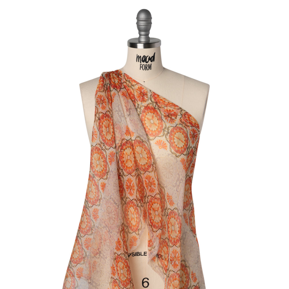 Crinkled Silk Chiffon Print - Orange, Red and Pale Lilac Floral Stripes - Deadstock - Drape