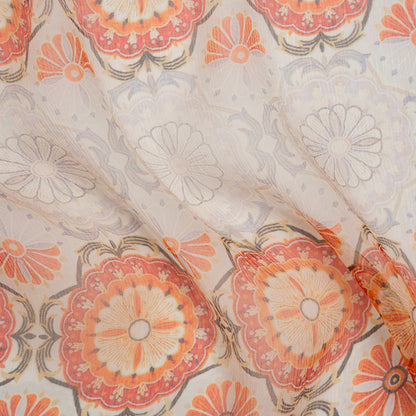 Crinkled Silk Chiffon Print - Orange, Red and Pale Lilac Floral Stripes - Deadstock