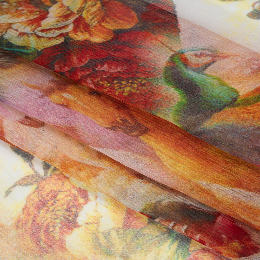 Crinkled Silk Chiffon Print - Green, Gold, and Red Flowers and Animals - Deadstock - Folded