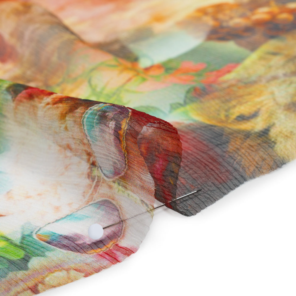 Crinkled Silk Chiffon Print - Green, Gold, and Red Flowers and Animals - Deadstock - Detail