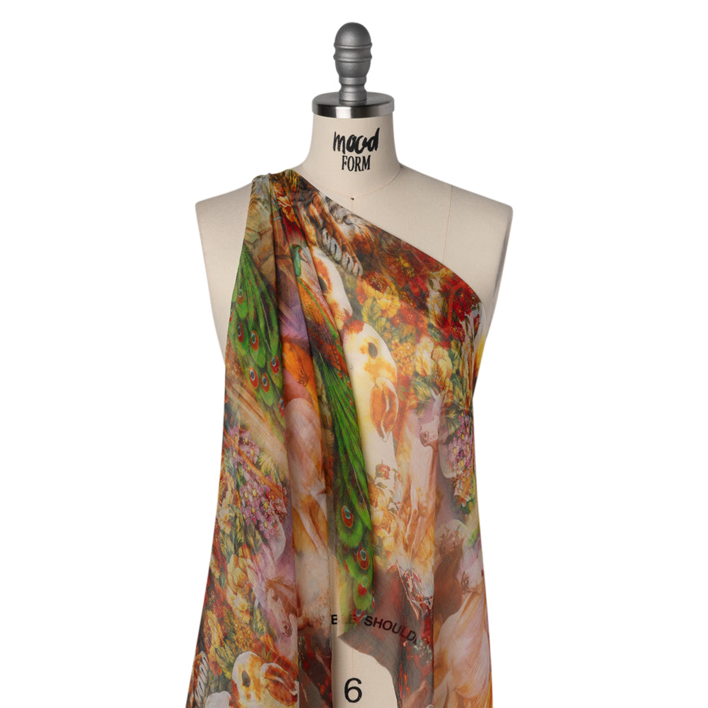 Crinkled Silk Chiffon Print - Green, Gold, and Red Flowers and Animals - Deadstock - Drape