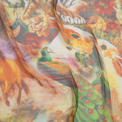 Crinkled Silk Chiffon Print - Green, Gold, and Red Flowers and Animals - Deadstock