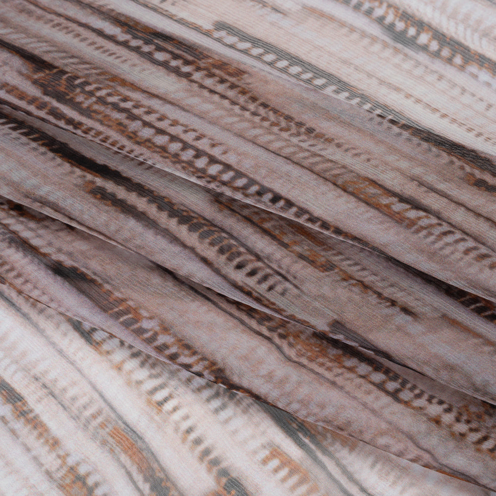 Crinkled Silk Chiffon Print - Lilac Gray, Brown and Black Feathery Stripes - Deadstock - Folded