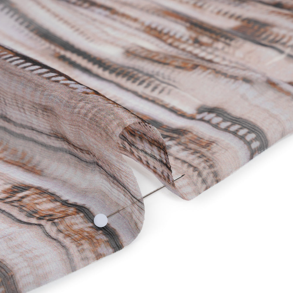 Crinkled Silk Chiffon Print - Lilac Gray, Brown and Black Feathery Stripes - Deadstock - Detail
