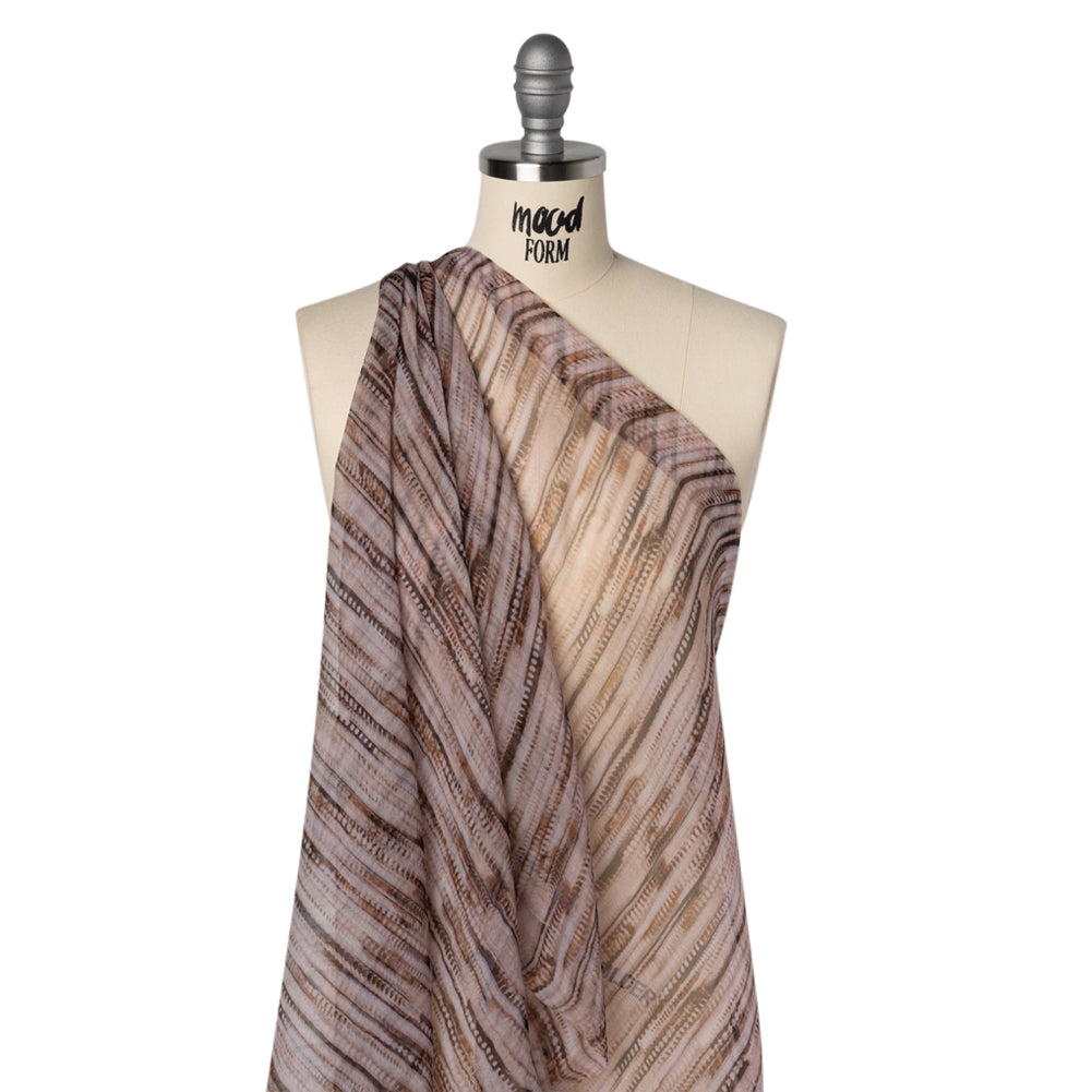 Crinkled Silk Chiffon Print - Lilac Gray, Brown and Black Feathery Stripes - Deadstock - Drape