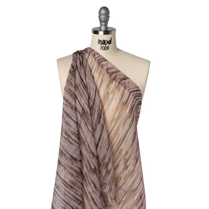 Crinkled Silk Chiffon Print - Lilac Gray, Brown and Black Feathery Stripes - Deadstock