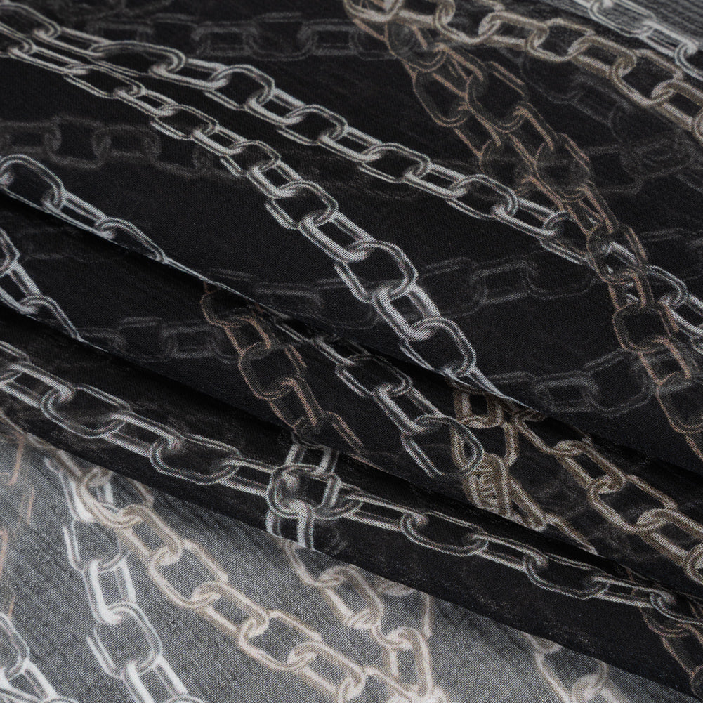 Crinkled Silk Chiffon Print - Black and Silver Chains - Deadstock - Folded