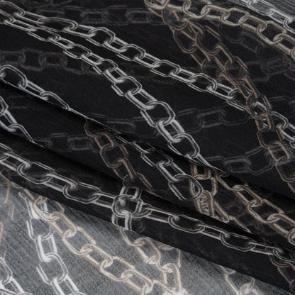 Crinkled Silk Chiffon Print - Black and Silver Chains - Deadstock