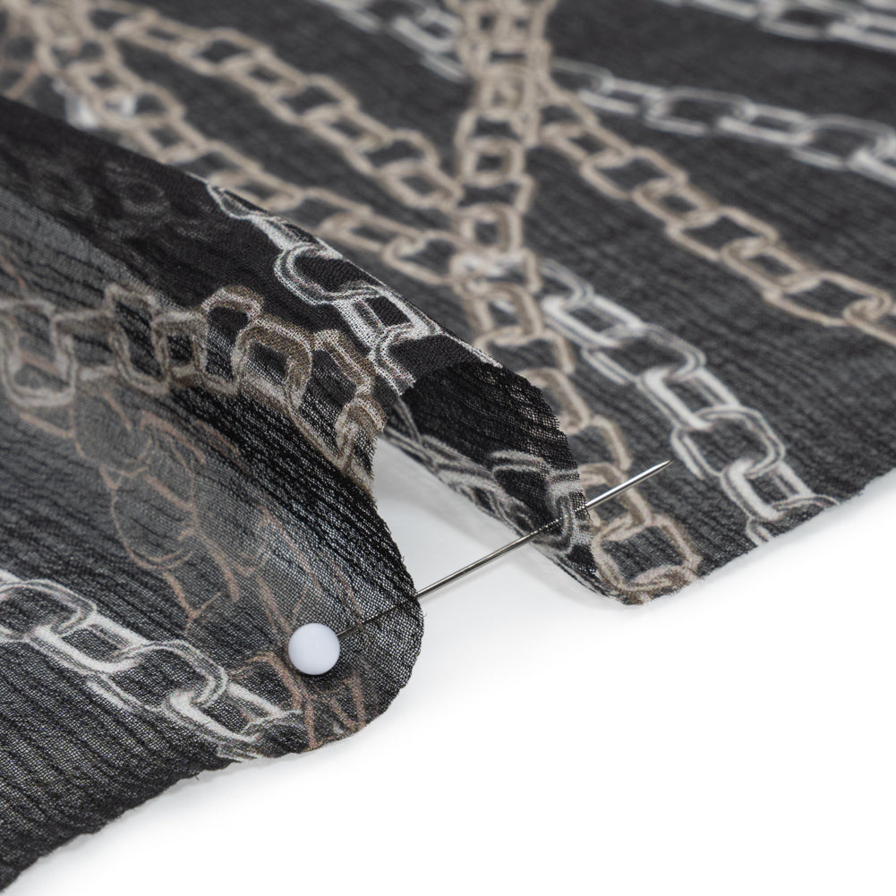 Crinkled Silk Chiffon Print - Black and Silver Chains - Deadstock - Detail