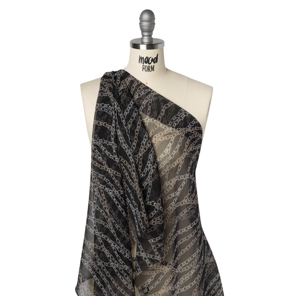 Crinkled Silk Chiffon Print - Black and Silver Chains - Deadstock - Drape