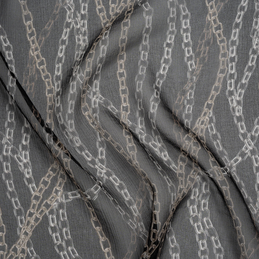 Crinkled Silk Chiffon Print - Black and Silver Chains - Deadstock
