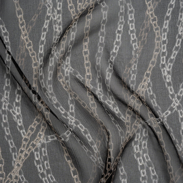 Crinkled Silk Chiffon Print - Black and Silver Chains - Deadstock
