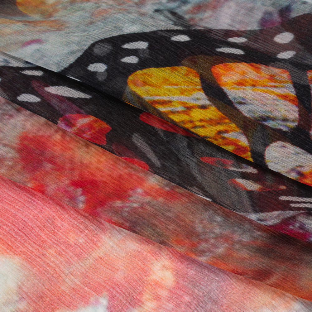 Crinkled Silk Chiffon Print - Red, Black and Yellow Large Butterfly - Deadstock - Folded