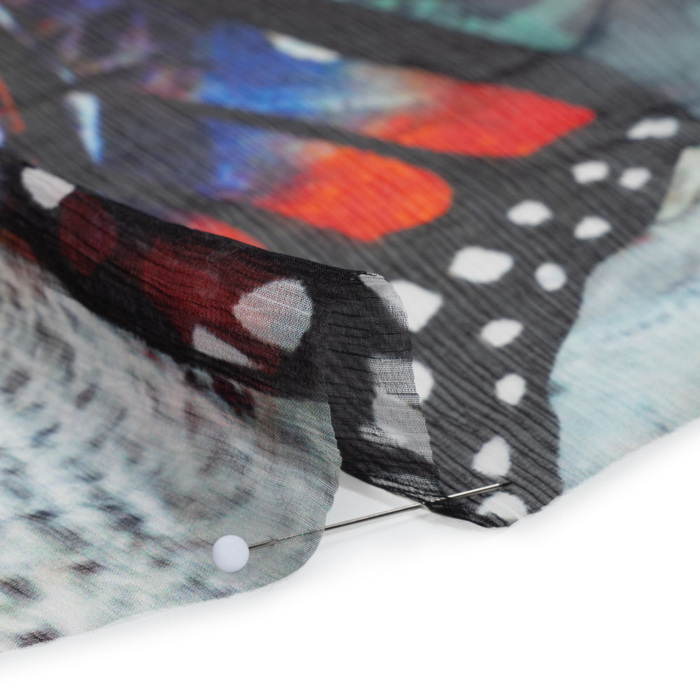 Crinkled Silk Chiffon Print - Red, Black and Yellow Large Butterfly - Deadstock - Detail