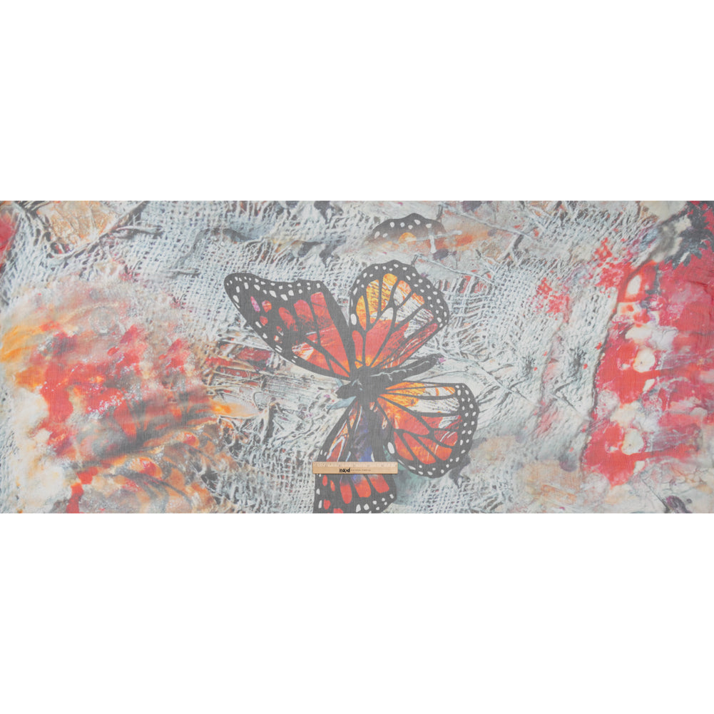Crinkled Silk Chiffon Print - Red, Black and Yellow Large Butterfly - Deadstock - Full