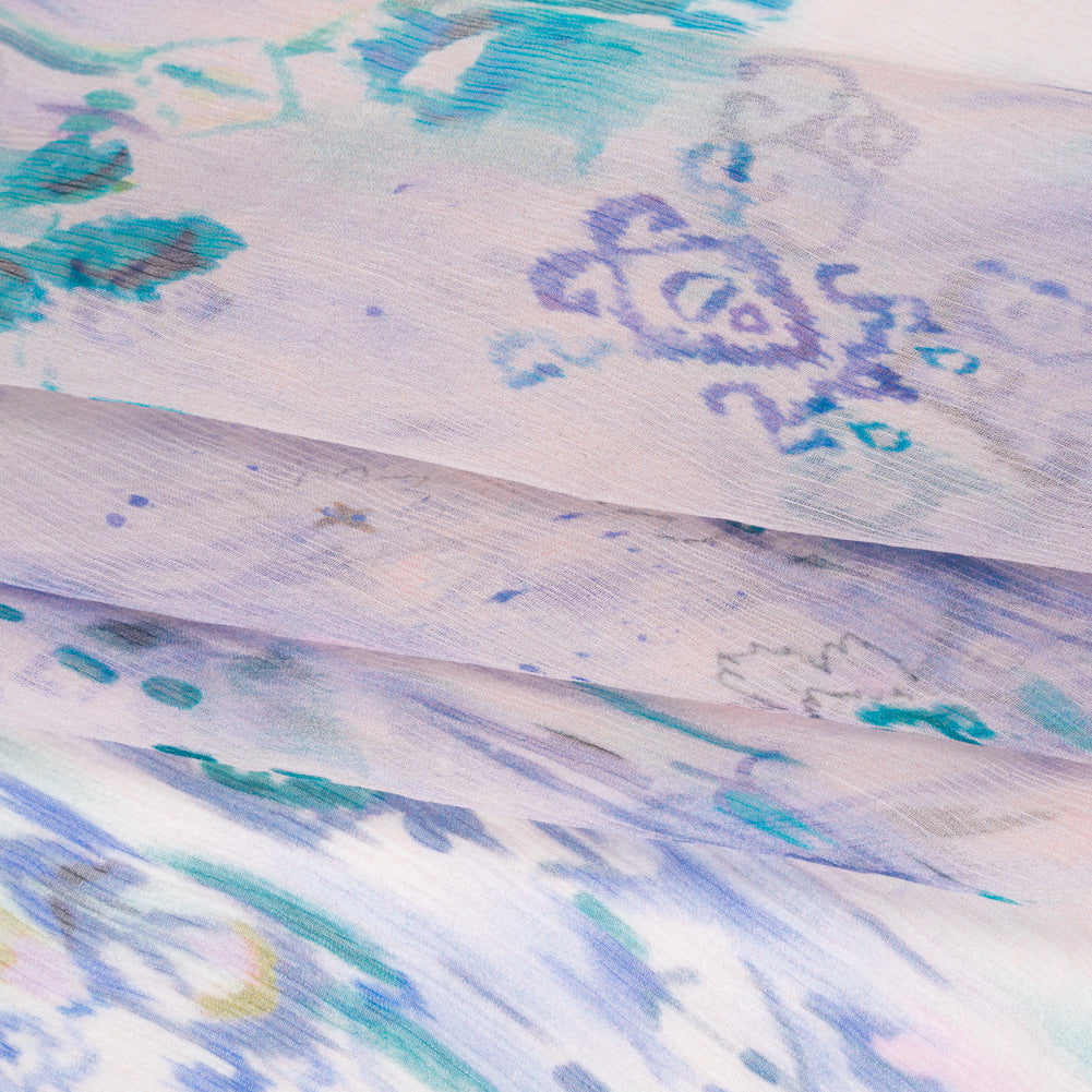 Crinkled Silk Chiffon Print - Pale Pink, Blue and Teal Green Ikat Geometric and Florals - Deadstock - Folded