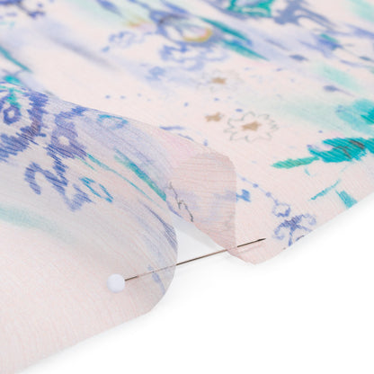 Crinkled Silk Chiffon Print - Pale Pink, Blue and Teal Green Ikat Geometric and Florals - Deadstock