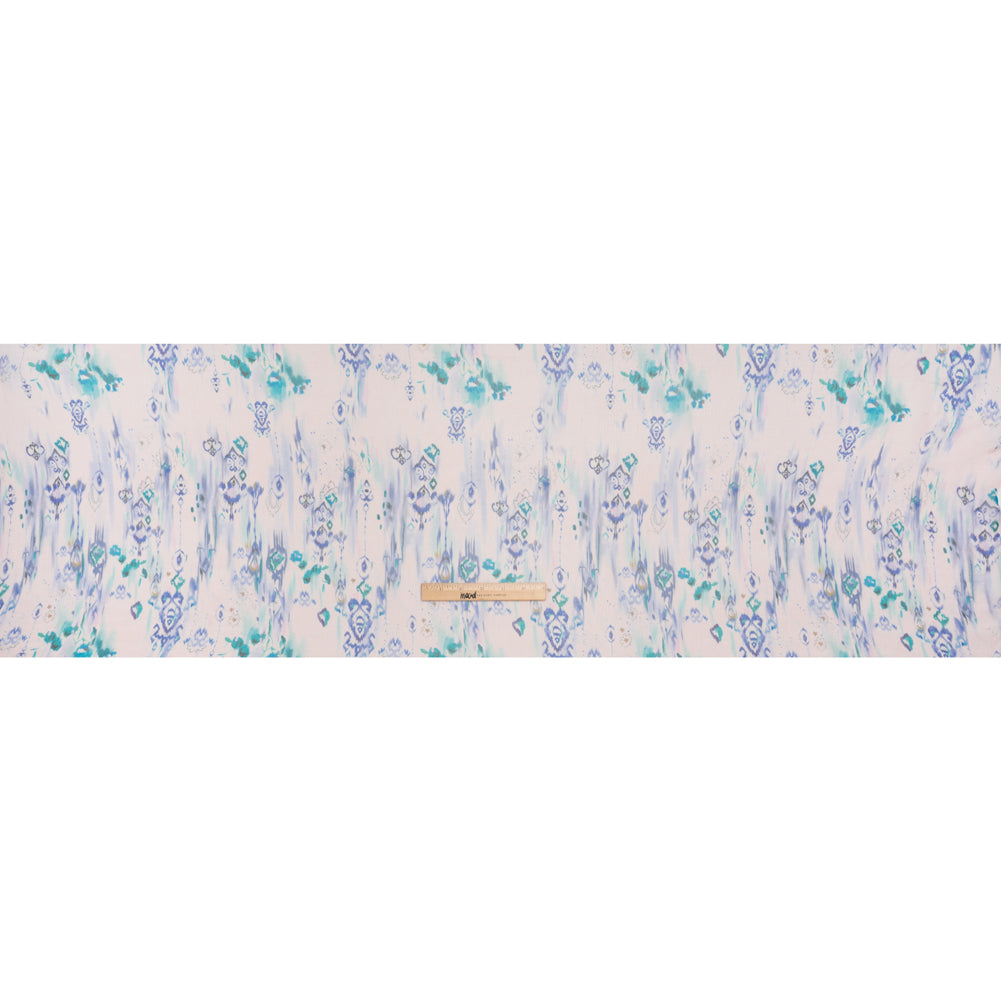 Crinkled Silk Chiffon Print - Pale Pink, Blue and Teal Green Ikat Geometric and Florals - Deadstock - Full